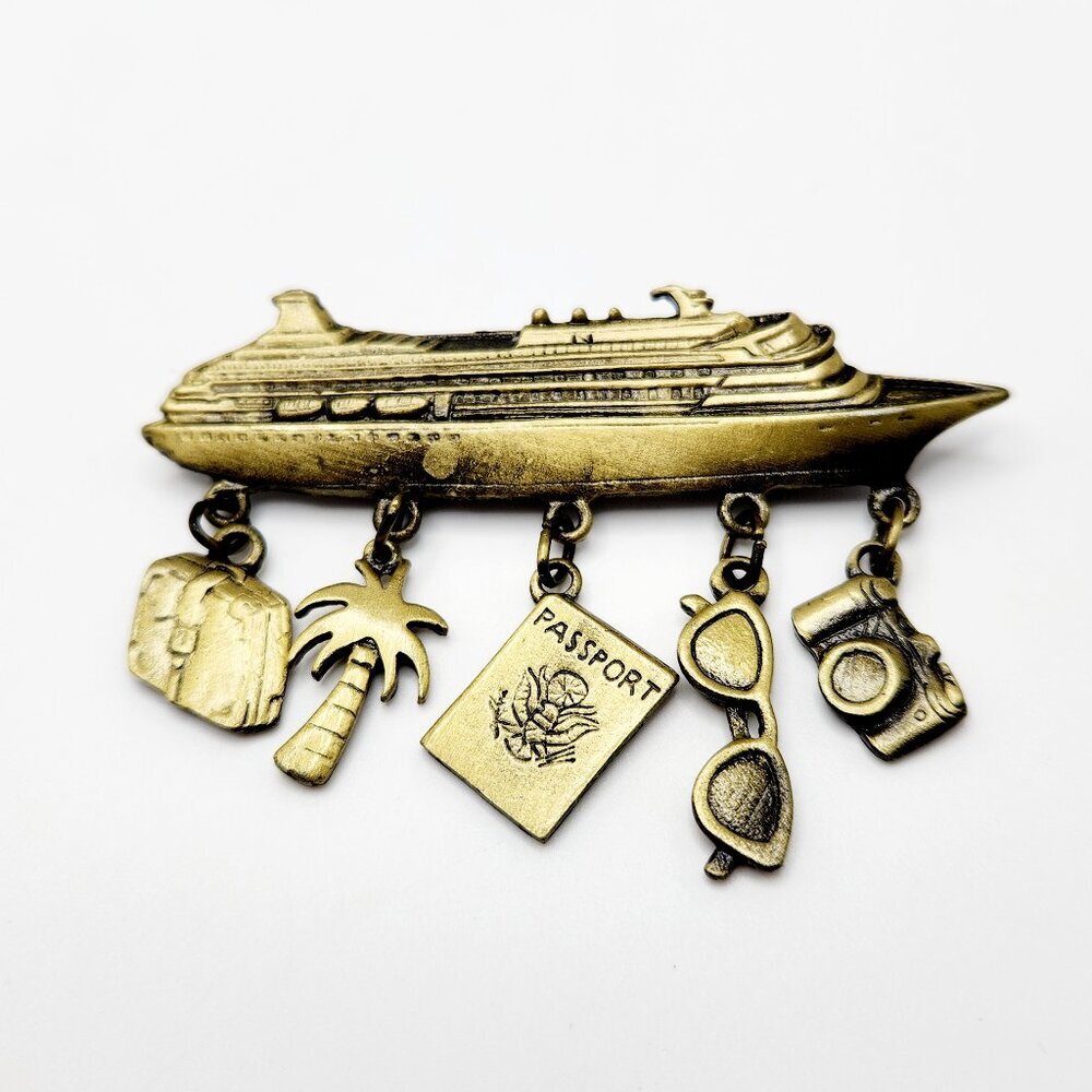 Cruise Ship Travel Vacation Tropical Brass Tone Large Brooch